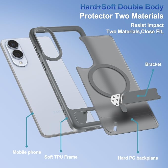 RMOCR for Samsung Galaxy S25 Edge Case with Screen Protector+Lanyard Wrist Strap,Magnetic Translucent Matte Rugged Slim Phone Cover Built in Invisible Kickstand [Fit for MagSafe],2025 Grey