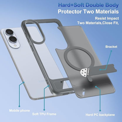 RMOCR for Samsung Galaxy S25 Edge Case with Screen Protector+Lanyard Wrist Strap,Magnetic Translucent Matte Rugged Slim Phone Cover Built in Invisible Kickstand [Fit for MagSafe],2025 Grey