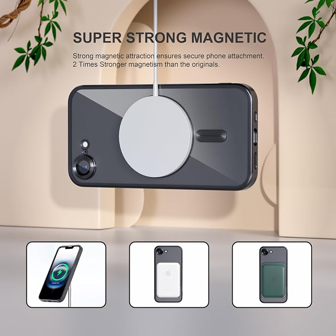 Misea Magnetic for iPhone 17e / 16e Case Compatible with MagSafe [Never Yellowing] [Military Grade Drop Protection] Full Camera Lens Protector Plating Soft Clear Phone Case for Women 6.1 inch, Black