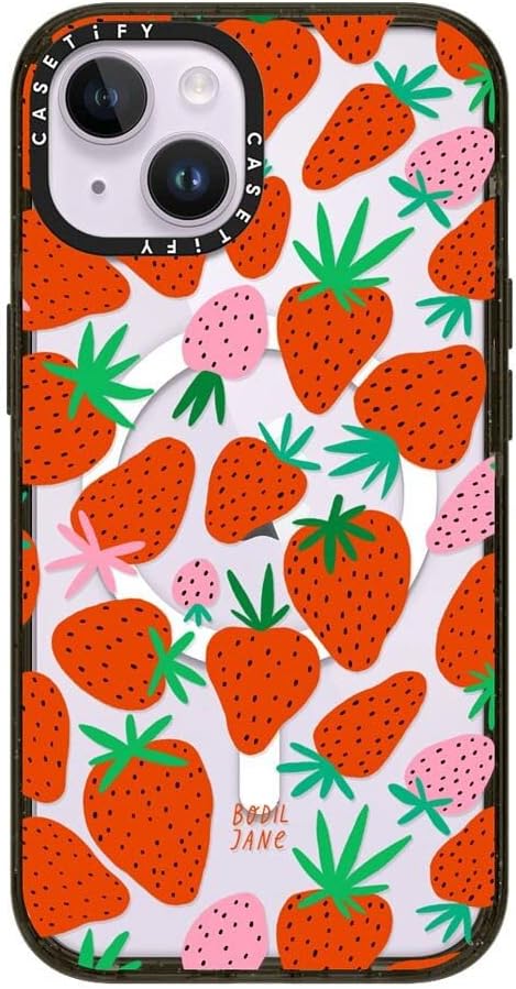 CASETiFY Impact iPhone 14 Case [4X Military Grade Drop Tested / 8.2ft Drop Protection/Compatible with Magsafe] - Strawberries - Glossy Black