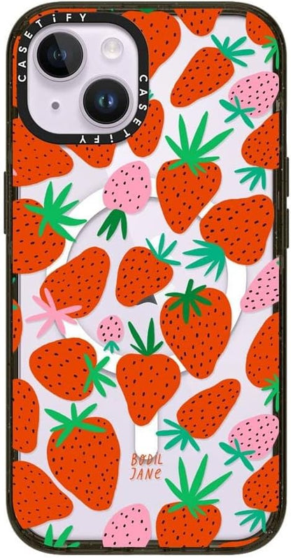 CASETiFY Impact iPhone 14 Case [4X Military Grade Drop Tested / 8.2ft Drop Protection/Compatible with Magsafe] - Strawberries - Glossy Black