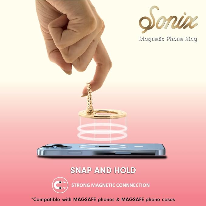 Sonix Magnetic Phone Grip and Phone Ring Holder - Compatible with MagSafe - Rotatable Kickstand and Phone Holder for iPhone 16, 15, 14, 13, 12 Series - Gold/Clear Rhinestone