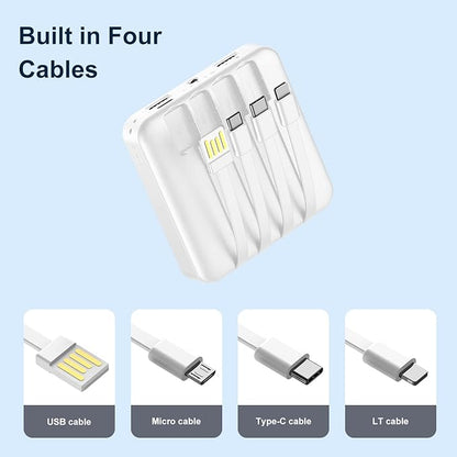 Solar Portable Charger 12000mAh, Small Solar Power Bank, USB C Input/Output External Battery with Built-in 4 Cables, Two-Hand Flashlight, Suitable for iPhone, Tablet Computers and Samsung
