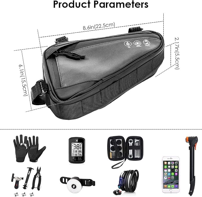 WOTOW Bike Frame Storage Bag, Water Resistant Reflective Bicycle Triangle Bag with Two Side Pockets, Strap-On Under Seat Tool Accessories Pouch for Mountain Road Bike Trip (2L)