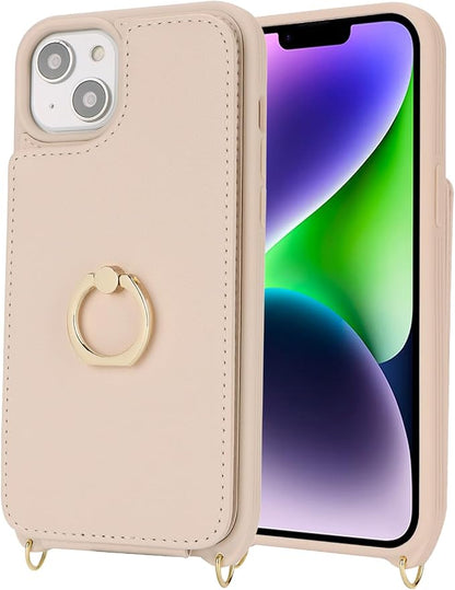 Lipvina for iPhone 14 Plus Case with Card Holder for Women,Phone Case with Strap,Crossbody Lanyard,RFID Blocking,Ring Stand,Snap Clasp,Cute Wallet Cases 6.7 inch (Beige)