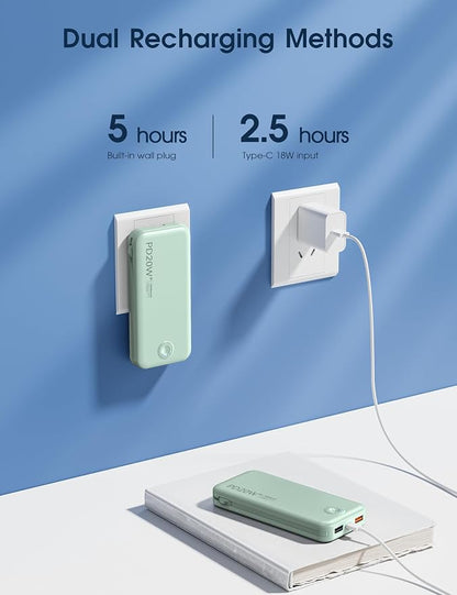 Nusyddy Portable Charger 10000mAh PD20W w/Built-in Cables & Wall Plug Green | PD20W Fast Charging, Battery Indicator, Pass Through Charging, TSA Approved, Compact/Slim, Power Bank for iPhone/iPad/Samsung