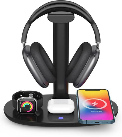 Headphone Stand with 15w Wireless Charger, Suguder 4 in 1 Charging Station Headset Holder for AirPods Max/Pro/4/3/2 iWatch 10/9/8/7/6/5/4/3/2/1/SE iPhone 17/16/15/14/13/12/11/X for Desktop Table Game