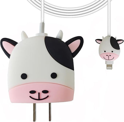 Compatible with Apple 20W/18W USB-C Adapter Charger, 3D Cartoon Protective Case for iPhone 20W USB-C Power Adapter Charger Fast Lightning Cover (Cute Cow)