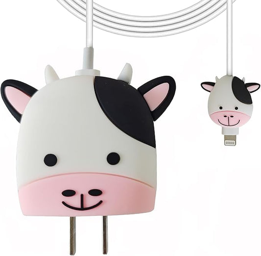 Compatible with Apple 20W/18W USB-C Adapter Charger, 3D Cartoon Protective Case for iPhone 20W USB-C Power Adapter Charger Fast Lightning Cover (Cute Cow)
