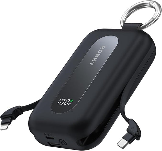 RORRY CharmGo Portable Charger 20000mAh 30W Power Bank 4 in 1 Battery Pack | Built-in Cables,Fast Charging,Keychain,Travel Essentials,Portable,for iPhone 17/16/15/14/13,for iPad Air/Pro,for AirPods