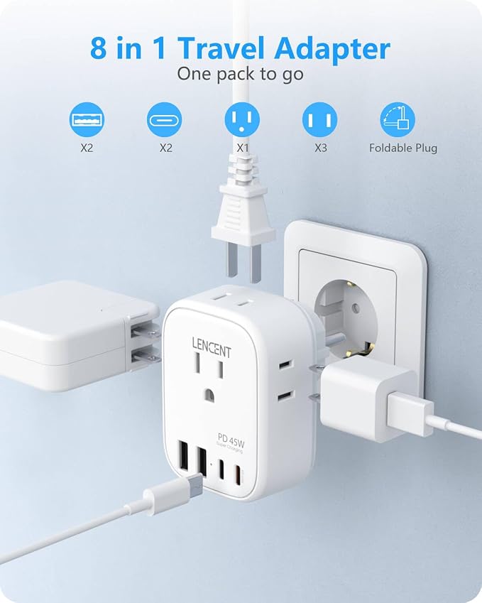 LENCENT Germany France Travel Power Adapter, PD 45W USB C Fast Charger | Schuko Type E F Plug Adapter with 4 Outlets, Travel Essentials for US to Europe EU Spain Greece Russia Germany South Korea