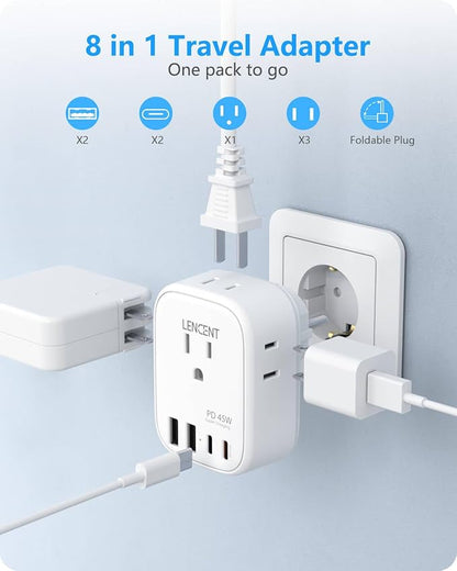 LENCENT Germany France Travel Power Adapter, PD 45W USB C Fast Charger | Schuko Type E F Plug Adapter with 4 Outlets, Travel Essentials for US to Europe EU Spain Greece Russia Germany South Korea