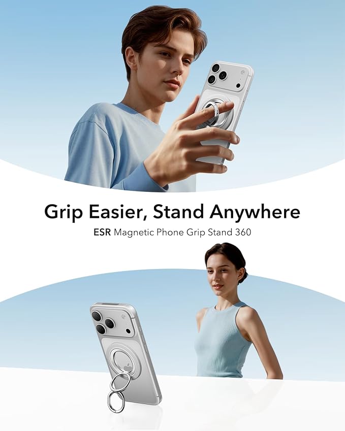 ESR for MagSafe Phone Grip, Dual-Side Magnetic Phone Grip,360° Adjustable Thin Magnetic Ring Holder Stand,for iPhone 17e/17-12, Samsung, All Phones, MagSafe Accessories (2 Metal Rings Included)