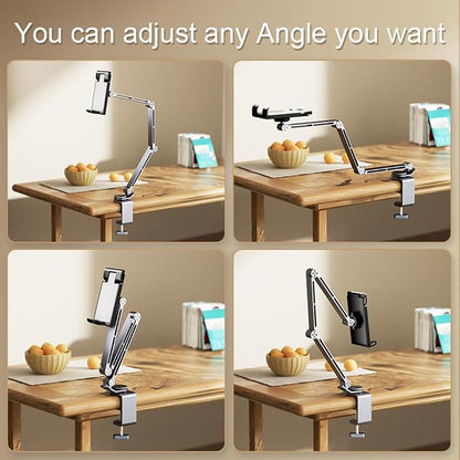 Heavy Duty Phone/Tablet Metal Holder Adjustable Foldable Stand for Desk/Bed Aluminum Universal Lazy Bracket 360° Rotation Flexible Long Arm for 4-13 Inch Devices (Grey, CT9)