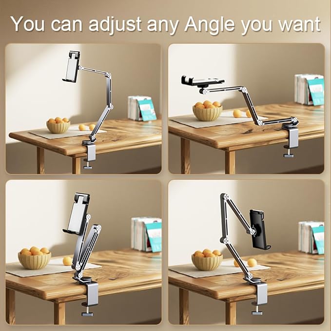 Heavy Duty Phone/Tablet Metal Holder for Bed Adjustable Foldable Stand for Desk Aluminum Universal Lazy Bracket 360° Rotation Flexible Long Arm for 4-13 Inch Devices (Silver, CT9)