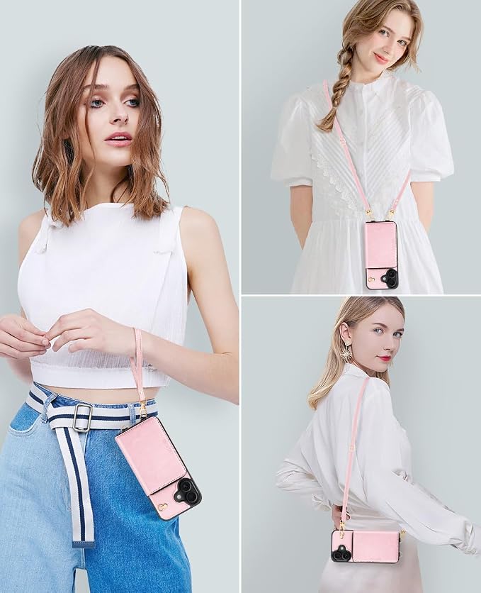 OCASE Compatible with iPhone 16 Crossbody Wallet Case with Card Holder, PU Leather Zipper Handbag Phone Purse with RFID Blocking Kickstand Wrist Strap Lanyard 6.1 Inch, Pink