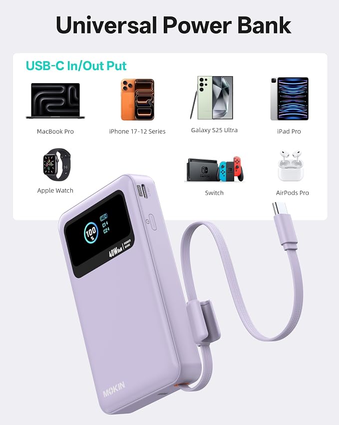 MOKiN 3-in-1 Power Bank,10000mAh 40W Portable Charger with Foldable Plug,Built-in USB-C Cable & LCD Display,Travel Essential Phone Fast Charging Battery Pack,for iPhone 17/16,Samsung etc (Purple)