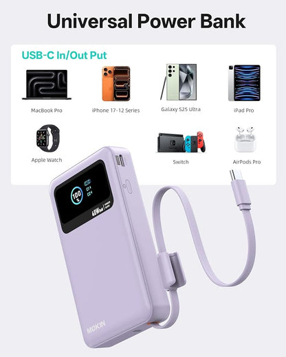 MOKiN 3-in-1 Power Bank,10000mAh 40W Portable Charger with Foldable Plug,Built-in USB-C Cable & LCD Display,Travel Essential Phone Fast Charging Battery Pack,for iPhone 17/16,Samsung etc (Purple)