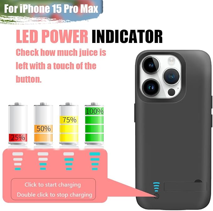 Sitong Battery Case for iPhone 15 Pro Max, 6000mAh Rechargeable Extended Battery Charging/Charger Case, Add 100% Extra Juice (6.7 inch) Black
