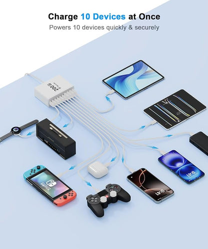 USB C Charging Station 10 Port with 4 Cables,200W GaN Type C Charger Block | Wall Charger Power Strip Adapter Plug for iPad iPhone17 16 15 14 13 12 Pro Max Pixel Note Galaxy White
