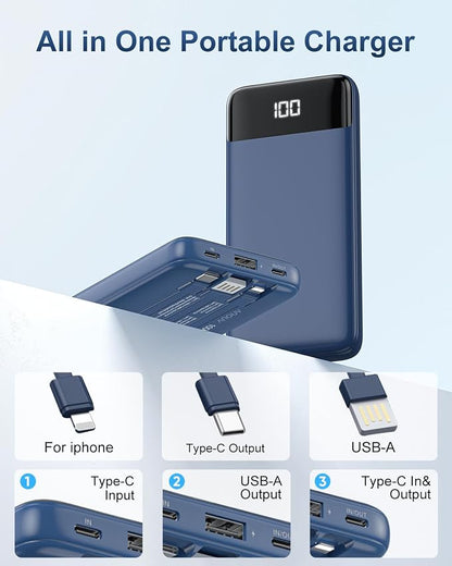 Portable Charger with Built-in Cables 10000mAh Power Bank with Cords, Slim Battery Pack with LED Display, Travel Essential Portable Charger for iPhone 17/16/15/14 Series, Android Samsung Google Pixel