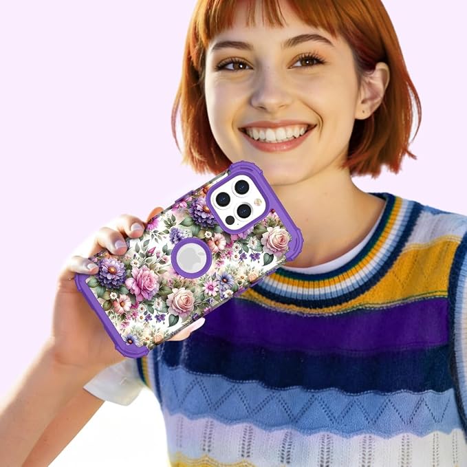 Hocase for iPhone 16 Pro Max Case, Heavy Duty Shockproof Protection Soft Silicone Rubber+Hard Plastic Bumpers Hybrid Protective Case for iPhone 16 Pro Max 2024 - Purple Pink Flowers