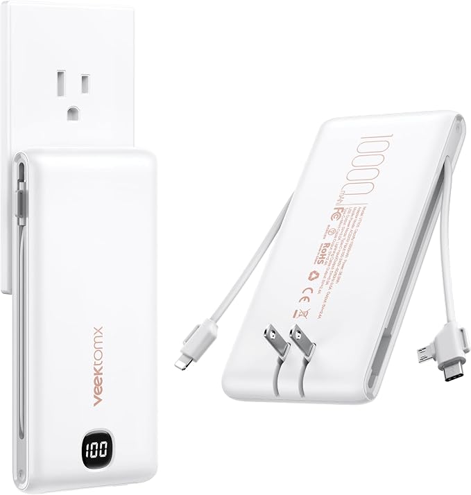 VEEKTOMX Portable Charger with Built-in Cables and AC Wall Plug, 10000mAh | Pocket-Size Travel Power Bank with USB-C and Micro-USB Cables for up to 4 Devices Including iPhone, iPad, Samsung and Kindle