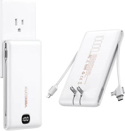 VEEKTOMX Portable Charger with Built-in Cables and AC Wall Plug, 10000mAh | Pocket-Size Travel Power Bank with USB-C and Micro-USB Cables for up to 4 Devices Including iPhone, iPad, Samsung and Kindle