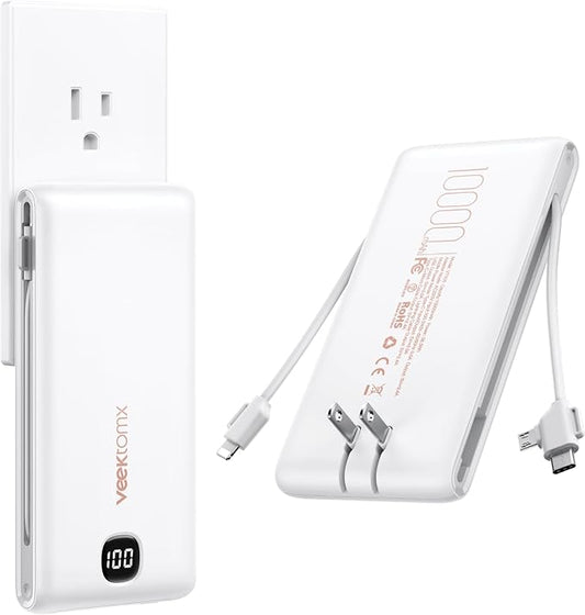 VEEKTOMX Portable Charger with Built-in Cables and AC Wall Plug, 10000mAh | Pocket-Size Travel Power Bank with USB-C and Micro-USB Cables for up to 4 Devices Including iPhone, iPad, Samsung and Kindle