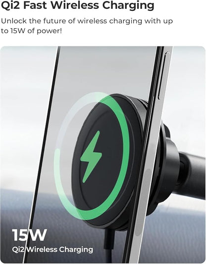 iOttie Velox Qi2 Mini 15W Wireless Charger Car Mount - Dash & Windshield Car Phone Holder - MagSafe Compatible iPhone Mount for Qi2 Smartphones (iPhone12 13 14 15 16 and 17) - Car Charger Included