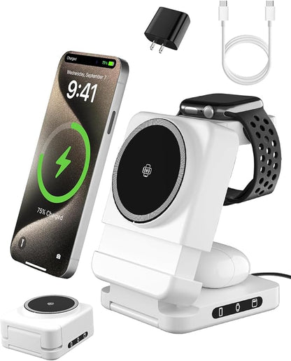 3 in 1 Foldable Wireless Charger, 15W Qi2 Magnetic Charger Stand for iPhone & Samsung, Apple Watch & Galaxy Watch, AirPods & Galaxy Buds, Travel-Friendly, 25W PD Adapter Included (White)