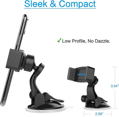 APPS2Car Suction Cup Phone Holder for Car with Adjustable Arm, Low Profile Dashboard Phone Mount Compact Windshield Window Dash Mobile Stand Compatible w/All iPhone and Android Cell Phones
