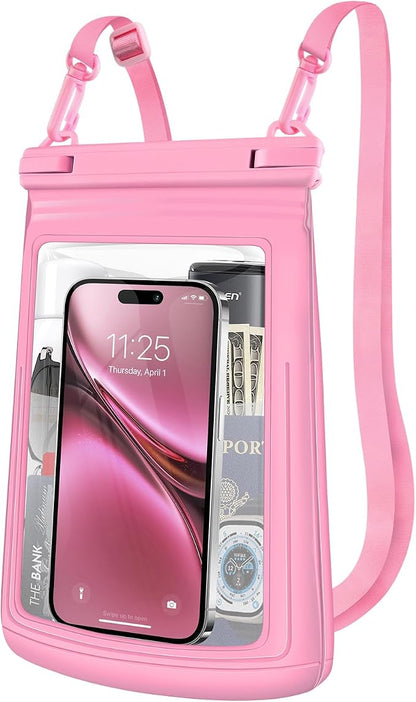 2L Floating Waterproof Phone Pouch for Up to 7.5", Large Space Adjustable Neck Lanyard Waterproof Bag. Dry Bag for Family Vacations, Beach, Pools, Kayaking, Cruises (Pink)