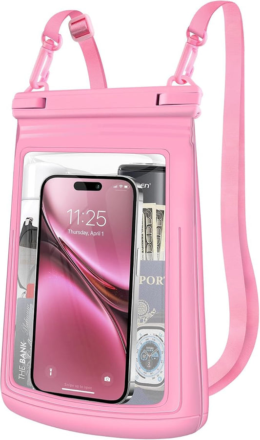 2L Floating Waterproof Phone Pouch for Up to 7.5", Large Space Adjustable Neck Lanyard Waterproof Bag. Dry Bag for Family Vacations, Beach, Pools, Kayaking, Cruises (Pink)