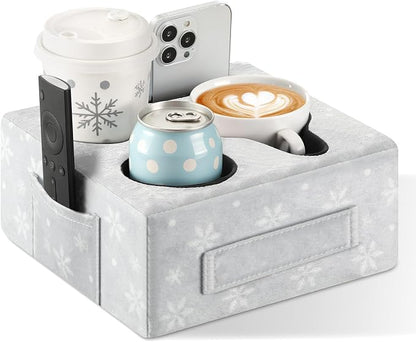 Luxspire Couch Cup Holder Tray, Couch Cup Holder Pillow with 4 Holes, Side Pocket and Handle, Couch Caddy Pillow for Phone/Drinks/Remote Control/Snacks, Christmas Style