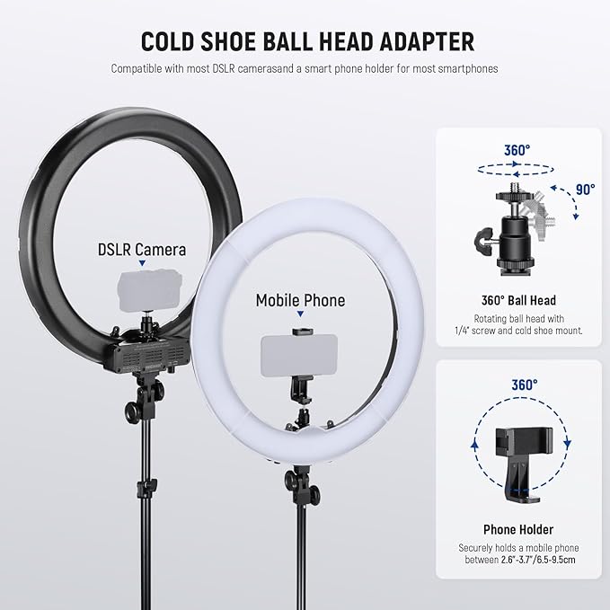 NEEWER 58W 18"/45cm Ring Light Kit, 3200K & 5600K Bi Color Dimmable CRI95 LED Selfie Lighting for iPhone with Tripod Stand/Phone Holder/Cold Shoe for Makeup Studio Video Recording Photography, RL-18