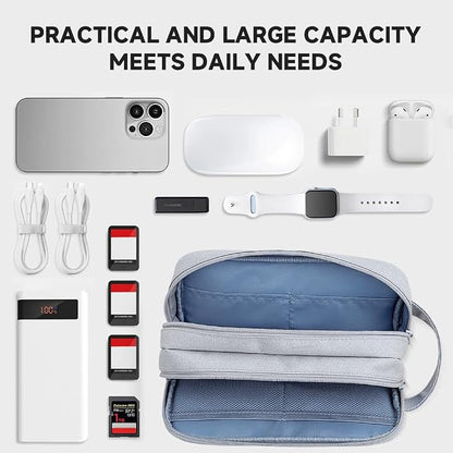 Teskyer Double Layer Cable Organizer Bag, Travel Tech Pouch, Light Grey | Elastic Bands Organization, Water Resistant Fabric, Multiple Compartments, Padded Protection, Travel and Office Use