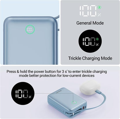 Hichain Portable Charger 35W 20000mAh Power Bank with LED Display Blue | Fast Charging Portable charger Power Bank for iPhone 17/16/15/14/13, iPad, Android,Battery Pack Built Dual Cables & 4 Outputs