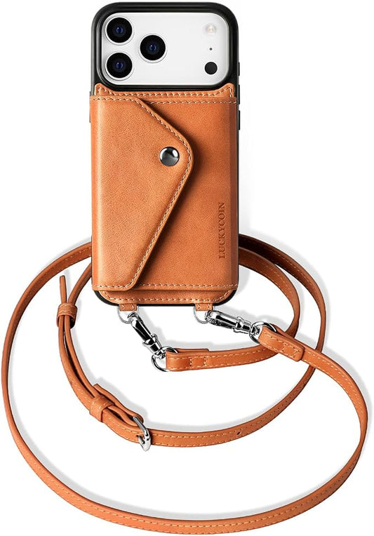 LUCKYCOIN for iPhone 17 Pro Crossbody Wallet Case – Genuine Leather Phone Purse with Adjustable Strap and Card Holder,Lanyard Phone Purse Case for Women,Vintage Brown