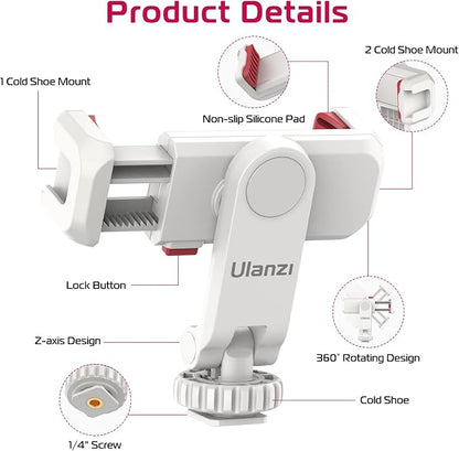 ULANZI Phone Tripod Mount ST-06S White, Universal Smartphone Mount Adapter with 2 Cold Shoe, 360° Rotates and Adjustable Cell Phone Clip Clamp Holder, Compatible with iPhone, Samsung Galaxy and More