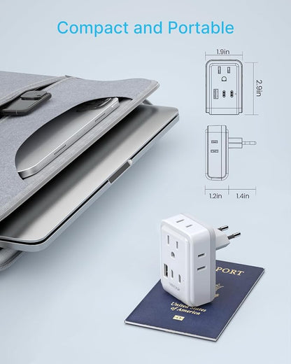 2 Pack European Travel Plug Adapter, VINTAR Europe Adaptor with 4 AC Outlets 3 USB Ports(2 USB C), Type C International Power Adapter for US to Most of Europe EU Italy Spain France Germany Iceland