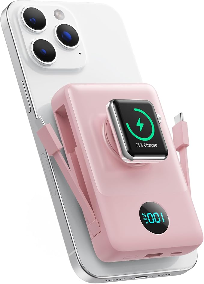 6 in 1 Magnetic Portable Charger for iPhone with Built-in Cables, 10800mAh 25W PD Fast Charging Power Bank, 6 Outputs Travel Essential Battery Pack for iPhone 17/16/15/14/13/12,Apple Watch (Peach)