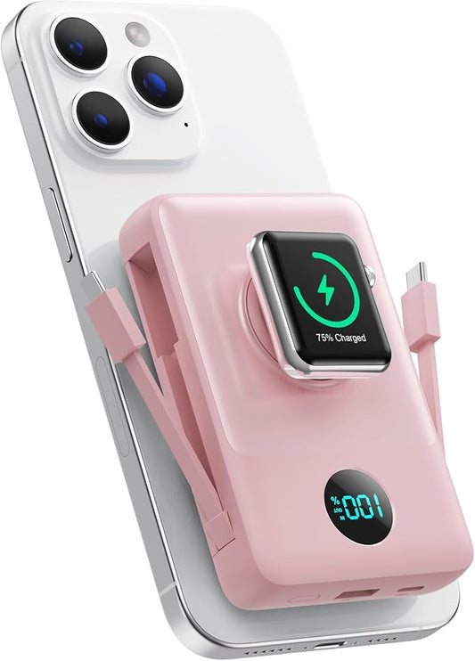 6 in 1 Magnetic Portable Charger for iPhone with Built-in Cables, 10800mAh 25W PD Fast Charging Power Bank, 6 Outputs Travel Essential Battery Pack for iPhone 17/16/15/14/13/12,Apple Watch (Peach)