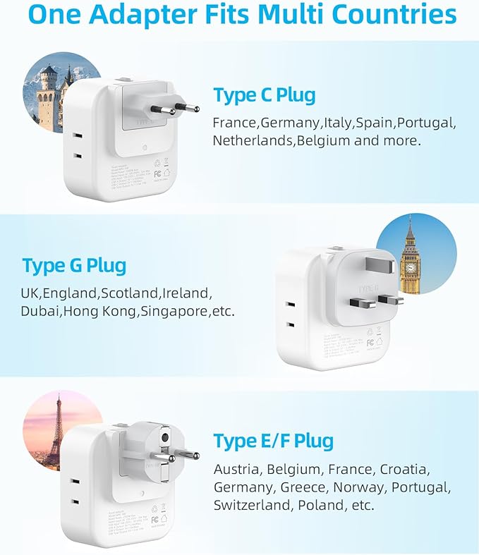 European Travel Plug Adapter Set, 8-in-1 Travel Adapter with 4 Outlets | Universal Travel Adapter, Type G/E/F/C Detachable Plugs, 4 USB Ports (2 USB C), US to UK/EU, International Power Adapter