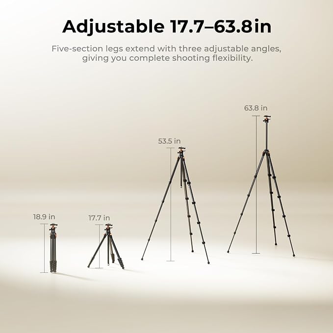 K&F CONCEPT 63" Aluminum Travel Camera Tripod with Arca-Compatible Ball Head, Compact Portable Lightweight Tripod Weighs 2.6 lb, Max Load 22 lb for DSLR Mirrorless Spotting Scope iPhone Teleprompter
