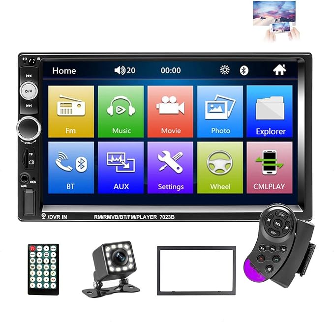 EKAT Double Din Car Stereo Receiver Bluetooth 7 Inch Touch Screen Car Radio Head Unit MP5 Video Digital Player Support Mirror Link TF FM AUX USB + Backup Camera and Remote Control