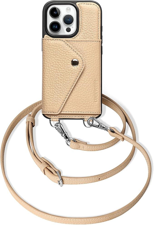 LUCKYCOIN for iPhone 16 Pro Crossbody Wallet Case – Genuine Leather Phone Purse with Adjustable Strap and Card Holder,Lanyard Phone Purse Case for Women,Pebble Grain Beige