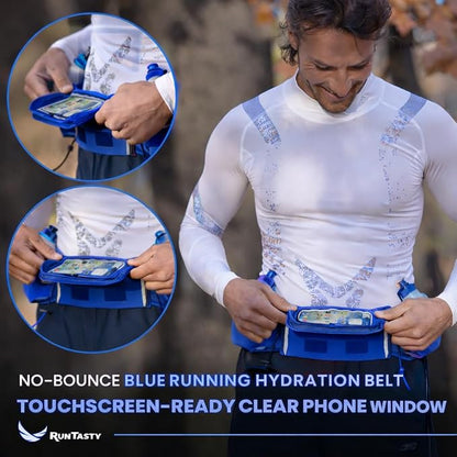 No.1 Hydration Belt by Runtasty - Premium Running Fuel Belt w/2 BPA-Free 10 oz Water Bottles, Tilt-Up Pocket w/Touchscreen-Ready Cover - Fits All iPhones, Runners Ebook & No-Bounce Design