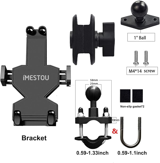 iMESTOU Aluminium Motorcycle Phone Mount U-Bolt Handlebar 1" Ball Stem Cellphone Holder 360 Rotating with Length Width Adjustable Universal for Max.7.2 inch Large Phones Sturdily