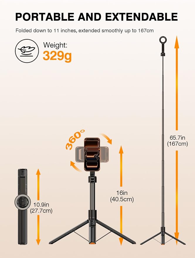 for Mag Safe Tripod for iPhone, 360° Rotating Head for Front & Rear Shooting, 65” Selfie Stick for iPhone Android with Remote & Metal Ring, Magnetic Phone Tripod Stand for Video Recording Travel